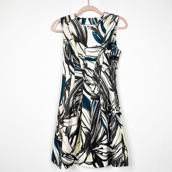 2/$30 H&M Hawaiian Tropical Print Pleated Sheath Dress Cream Black 4 #8797 - Picture 3 of 12